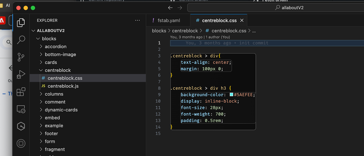 Visual Studio Code showing Centre block